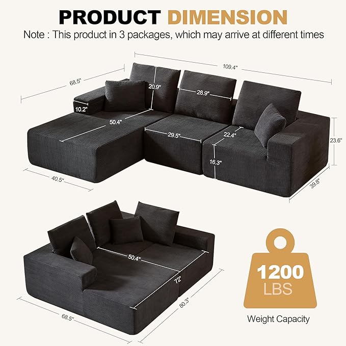 109.4 Oversized Modular Sectional Sofa with Chaise Convertible L Shaped Cloud Couch with Deep Seat 35D Full Foam Compressed Boneless Couches for Living Room Bedroom Office No Assembly Required