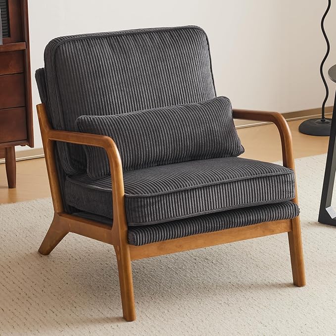 VINGLI Upgraded Premium Corduroy Accent ChairUpholstered Arm ChairSolid Wood Comfy Reading Chair with Lumbar Pillow Mid Century Modern Chairs for Living RoomBedroomDark Grey