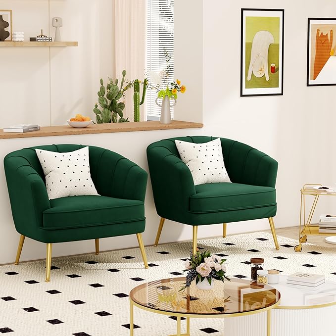 Velvet Accent Chairs for Living Room Bedroom Office - Upholstered Single Sofa Arm Chair with Metal Legs Green