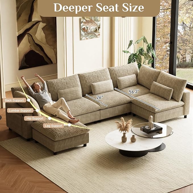130 Oversized Cloud Couch Large Modular Sectional Sofa Modern U Shaped Sectional Couch 6 Deep Seat Sofa Set for Living Room Comfy Corduroy Cloud Sofa with Ottoman USB Port Cup Holder Light Brown