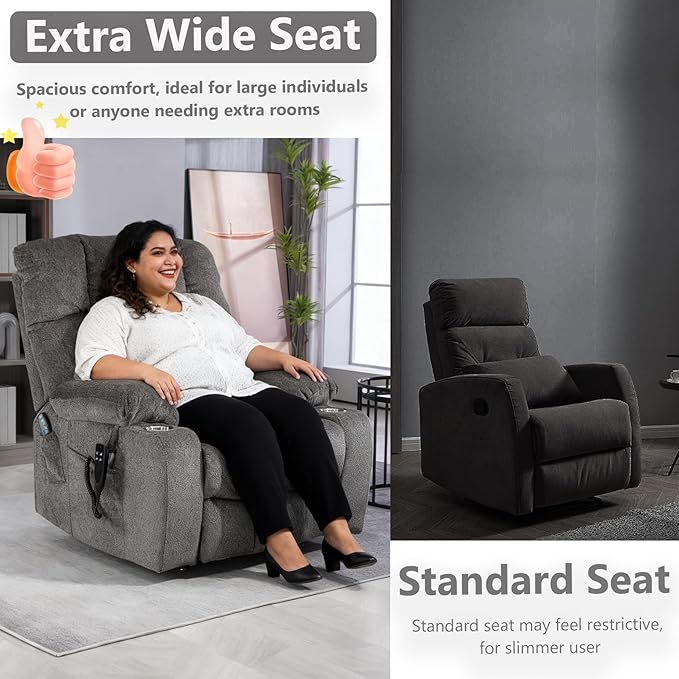 Oversized Power Lift Recliner Chair for Adult Elderly Dual Motor Lay Flat Electric Recliner with Massage &amp Heat 25.5 Wide Seat Big Tall Recliners for Living Room Bedroom Grey