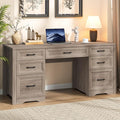 Farmhouse Executive Desk Wood Home Office Desk with 2 Large File Drawers and 5 Storage Cabinets Rustic Writing Desk for Work and Study Grey