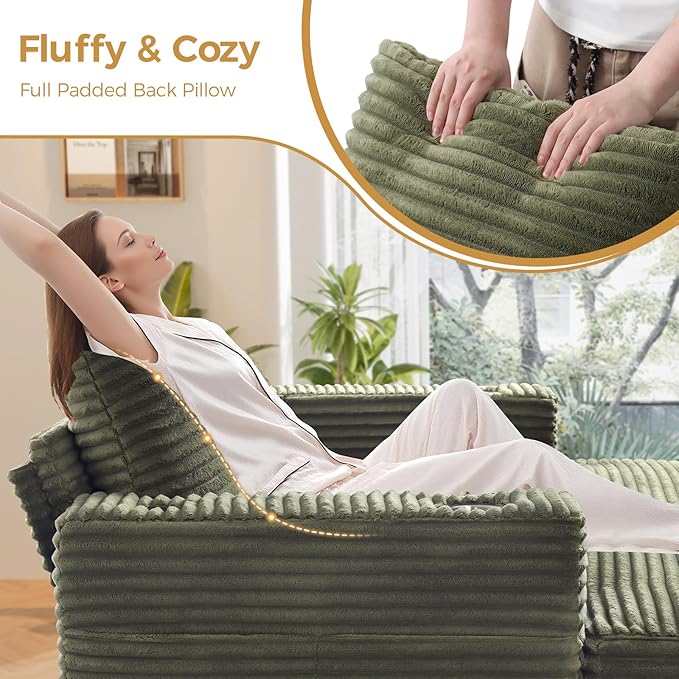 60 Chaise Lounge Indoor Upgraded Oversized Plush Faux Fur Sleeper Sofa Bed w/Pillows &amp Wide Armrests Fluffy Upholstered Reading Chairs Cloud Sofa Couches for Living Room Set of 2Green