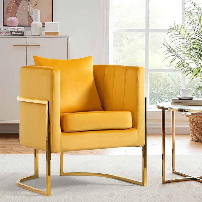Velvet Modern Accent Chair Upholstered Barrel Armchair Mid Century with Pillow for Living Room Comfy Single Vanity Chair with Metal Gold Legs for Bedroom Yellow