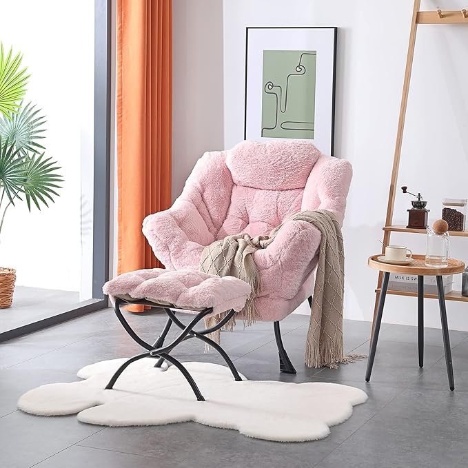 LITA Lazy Chair with Ottoman Modern Accent Leisure Upholstered Sofa Contemporary Lounge Reading Chair with Armrests and a Side Pocket for Living Room Bedroom &amp Small Spaces Plush Pink