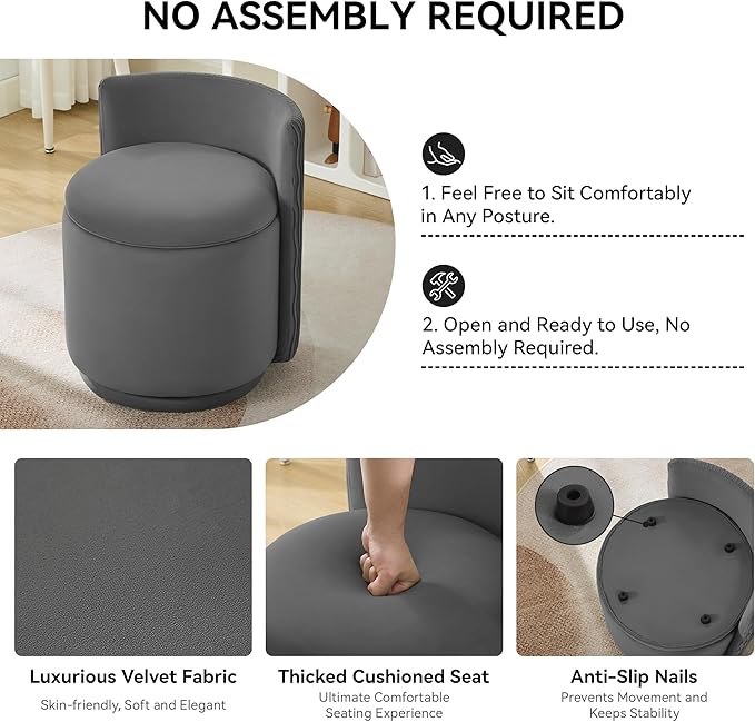 Velvet Vanity Chair with Storage 360° Swivel Makeup Chair with Wave Back No Assembly Small Accent Stool for Bedroom Dressing Living Room Grey