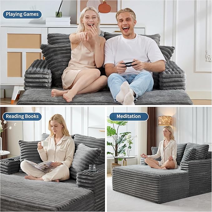 IDEALHOUSE 64 Oversized Chaise Lounge Chair Indoor Upholstered Boneless Sofa Bed with Throw Pillows Cup Holders and Armrests Comfy Corduroy Sleeper Couch for Living Room Bedroom Office (Grey)