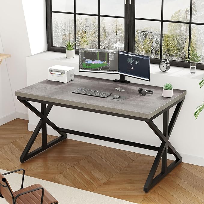 IBF Computer Desk Industrial PC Laptop Office Desk Farmhouse Gaming Desk with Spacious Desktop Rustic Wood Metal Writing Study Work Table for Home Office Bedroom 47 Inch Grey Oak
