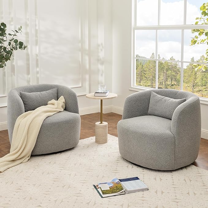 KINWELL 34 Wide Sherpa Swivel Barrel Chairs Set of 2 No Assembly Round Boucle Upholstered Accent Chairs Armchairs Single Sofa Chair with Toss Pillow for Living Room and Bedroom Gray