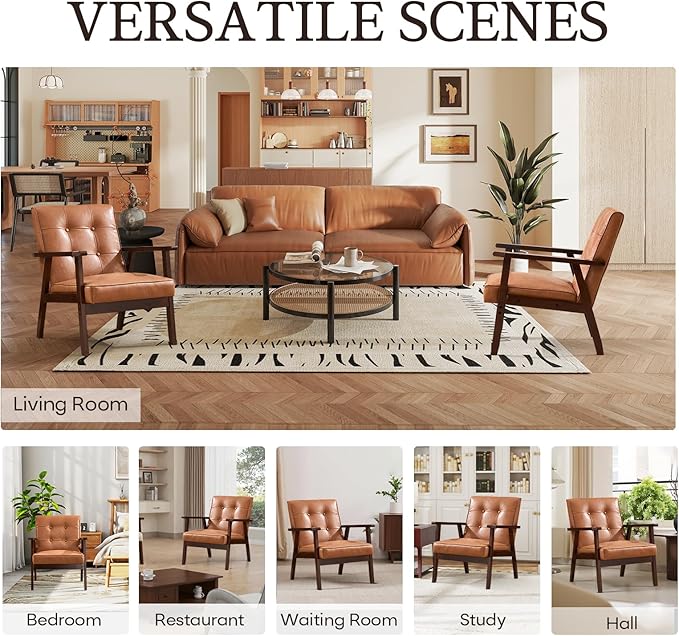 Bonzy Home Mid Century Modern Accent Chair for Living Room Upholstered Faux Leather Armchair Comfy Retro Bedroom Side Chair with Solid Wood Frame Orange