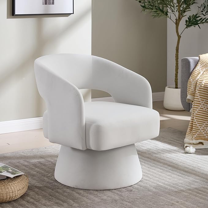 360 Degree Velvet Swivel Barrel Chair Modern Round Accent Armchair Open Back Foam Cushions Metal Swivel Base for Living Room Bedroom Office (Beige)
