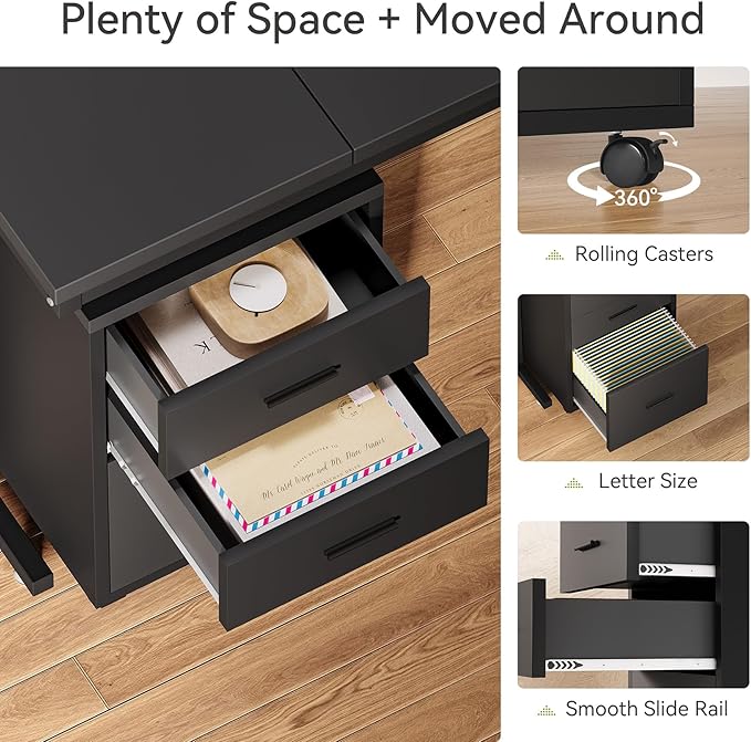 LITTLE TREE 82.67 Long Executive Desk Large L-Shaped Computer Office Desk with 3-Drawer Mobile File Cabinet Industrial Business Furniture Desk Workstation for Home Office Black