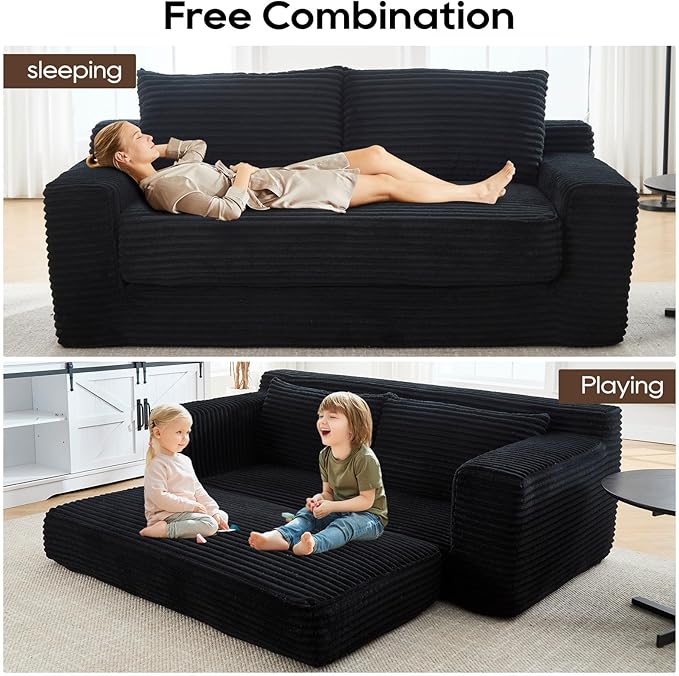 Anwick 2 in 1 Convertible Sleeper Sofa Bed 72 Corduroy Loveseat Sofa w/ 2 Pillows Oversized Chaise Lounge Chair Indoor Pull Out Couch Bed for Small Spaces/Living Room/Bedroom No Assembly (Black)