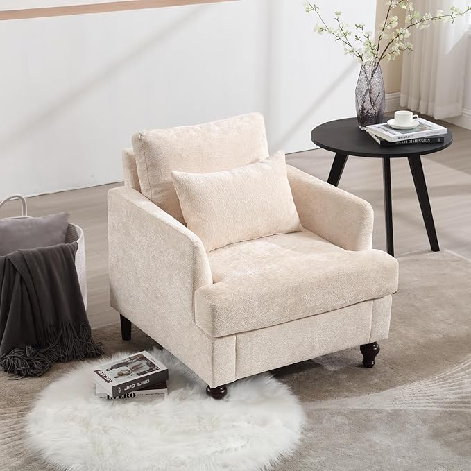 Mid Century Modern Linen Fabric Accent Chair for Living Room Bedroom Guest Room Office Apartment Waiting Room Furniture Upholstered Armchair Reading Accent Chairs (Beige)