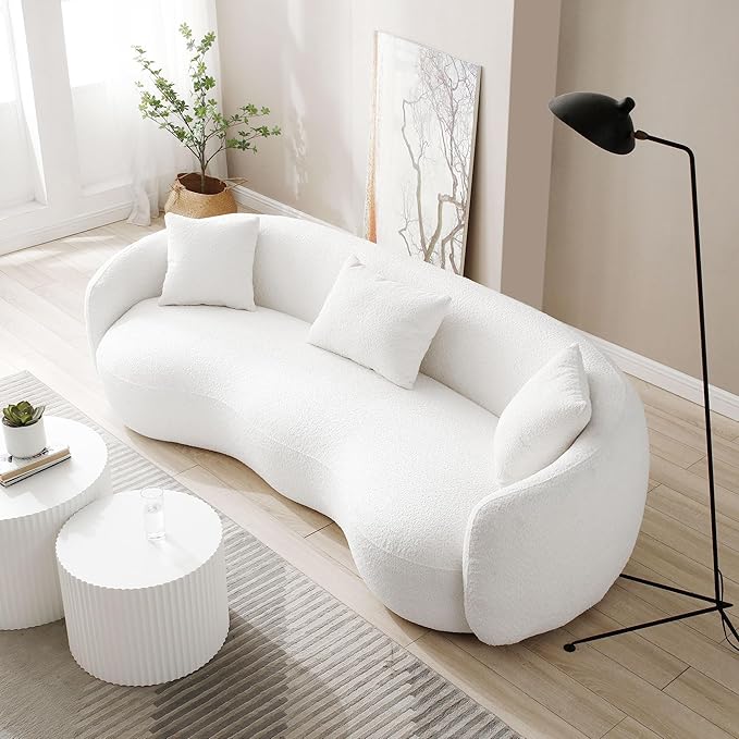 WILLIAMSPACE 94 Modern Curved Sofa Back Upholstered Boucle Couch with 3 Throw Pillows 3-Seat Boucle Fabric Couch for Living Room Office Apartment White
