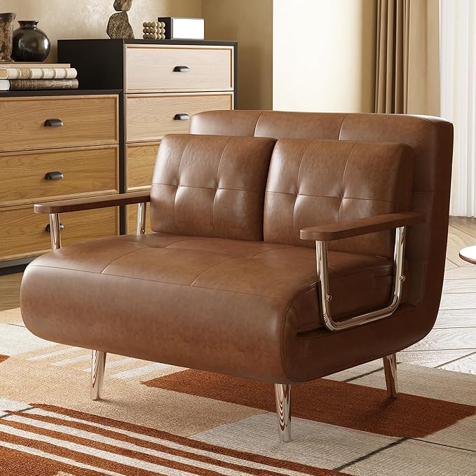 43.3 3-in-1 Modern Faux Leather Convertible Sofa Bed Brown Upholstered Sleeper Sofa with Sturdy Metal Frame &amp High-Density Foam Filling Ideal for Living Rooms Offices &amp Studies