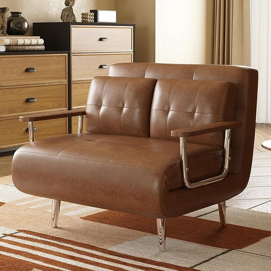 43.3 3-in-1 Modern Faux Leather Convertible Sofa Bed Brown Upholstered Sleeper Sofa with Sturdy Metal Frame &amp High-Density Foam Filling Ideal for Living Rooms Offices &amp Studies