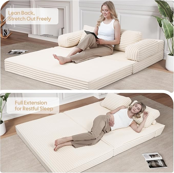 MeMoreCool Convertible Sofa Bed Folding Floor Couch Bed Queen Pull Out Sleeper Couch with Pillows Fold Out Futon Sofa for Bedroom Living Room Small Space Corduroy Beige