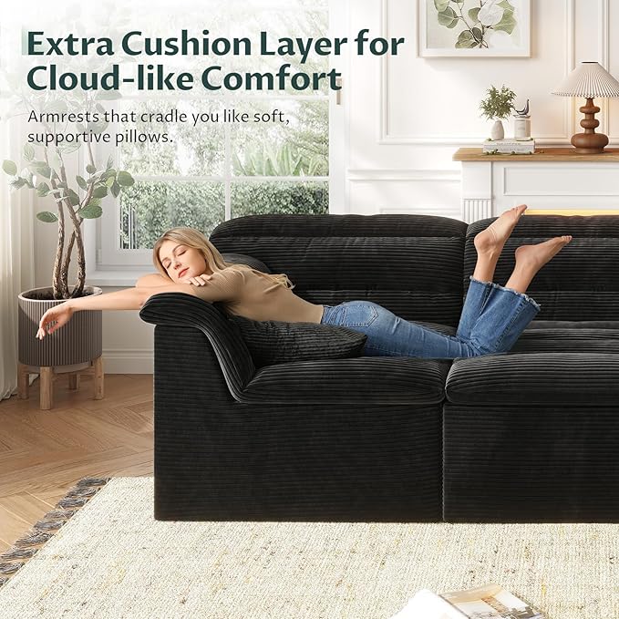 112 Modular Cloud Sectional Couch with Ottoman Modern Upholstered Compressed Sofa with Deep Seat Comfy L-Shape Corduroy Couches for Living Room No Assembly Required Black