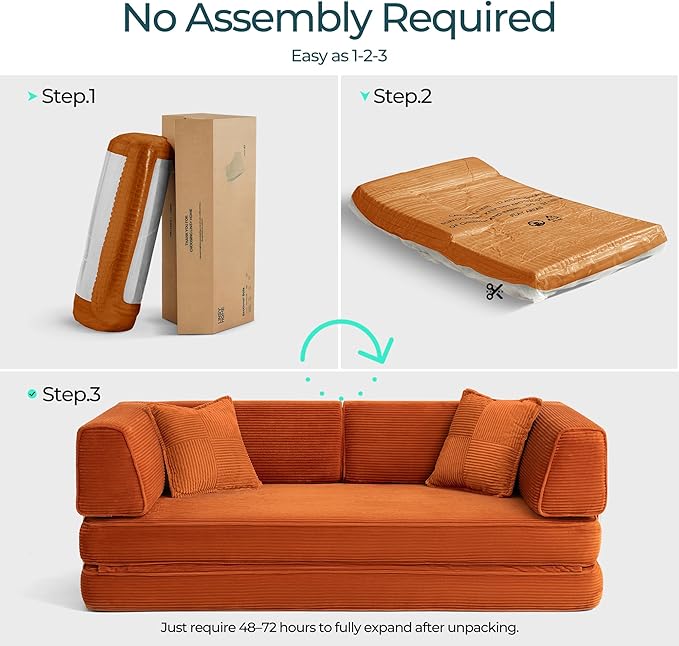 LINSY HOME Sofa Bed Couch - Convertible Boneless Couch Bed with 2 Pillow (Orange) | Folding Sofa Bed Corduroy Material No Assembly Compressed Sofa Couch in a Box