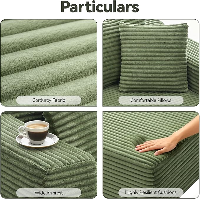 106 Modular Sectional Sofa Green Corduroy Cloud Couch with Left Chaise Deep Seat Boneless Floor Sofa for Living Room High-Resilience Foam Support No Assembly Required Includes Pillows | Sectiona