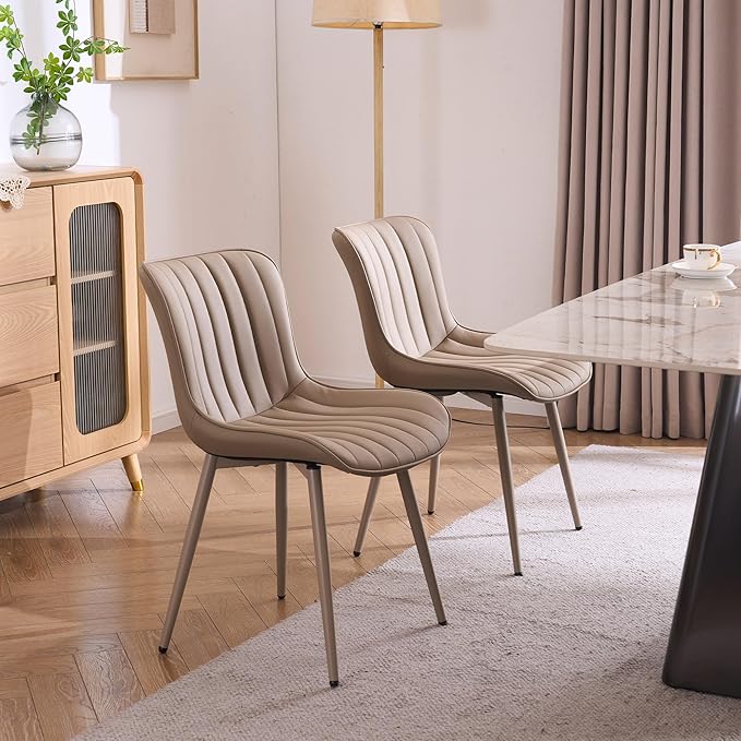 YOUNUOKE Mid-Century Modern Dining Chairs Set of 2 Khaki PU Leather Upholstered Kitchen Chairs with Khaki Metal Legs Armless Accent Chair for Dining Room Guest Reception Room