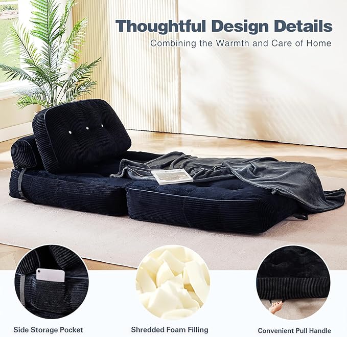 Folding Sofa Bed Flannel Futon Couch Bed with Pillow and Blanket Convertible Sleeper Chair for Small Space Apartment Guest Room Black