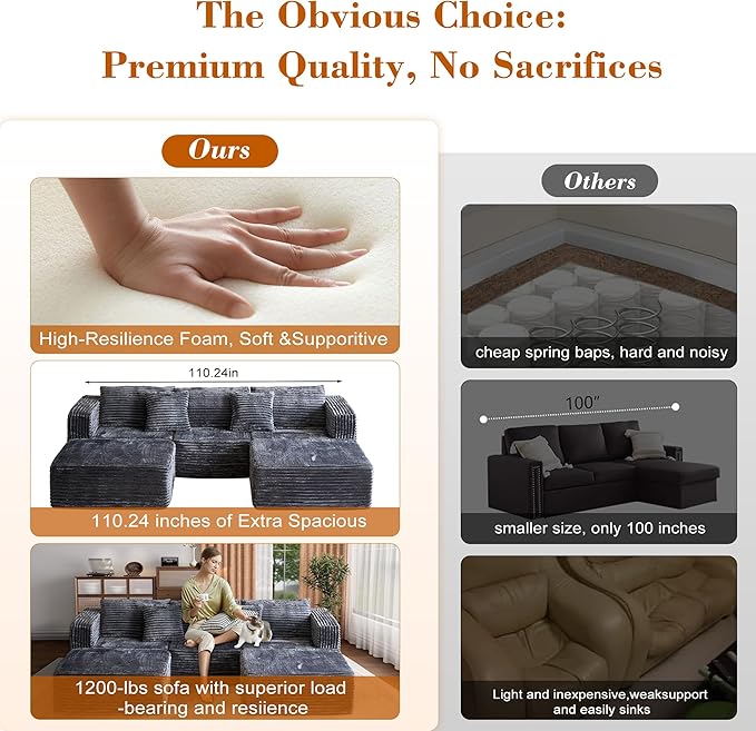 110 Corduroy Modular Sectional Boneless Sofa with 2 Ottomans Convertible Cloud Couch with Deep Seats Fluffy Memory Foam U Shaped Couch for Living Room No Assembly Required (Gray)