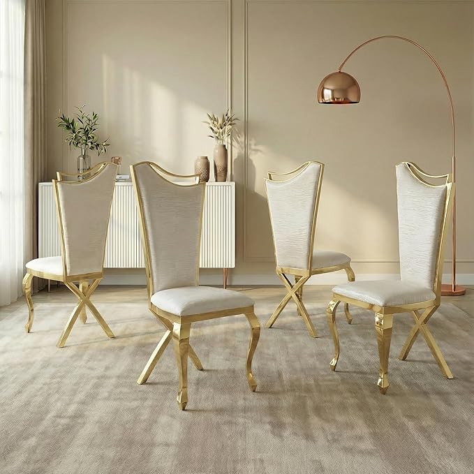 Luxrious Dining Chairs Set of 2 PU Leather Accent Chairs with Shiny Golden Stainless Steel Legs &amp Cushion SeatModern Kitchen Chairs White with High Back for Living Room Meeting Room Dining Room