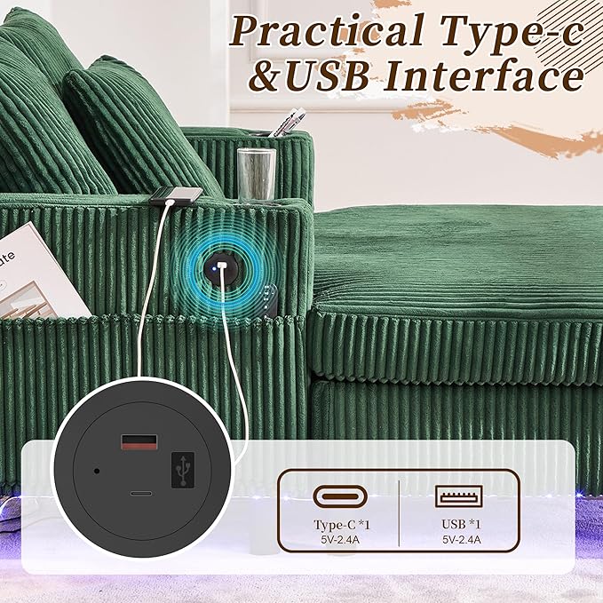 KEIKI 50 W Corduroy Oversized Recliner Single Sofa Couch with Deep Seat3 PillowsUSB ChargingCup Holder and Pocket for Bedroom