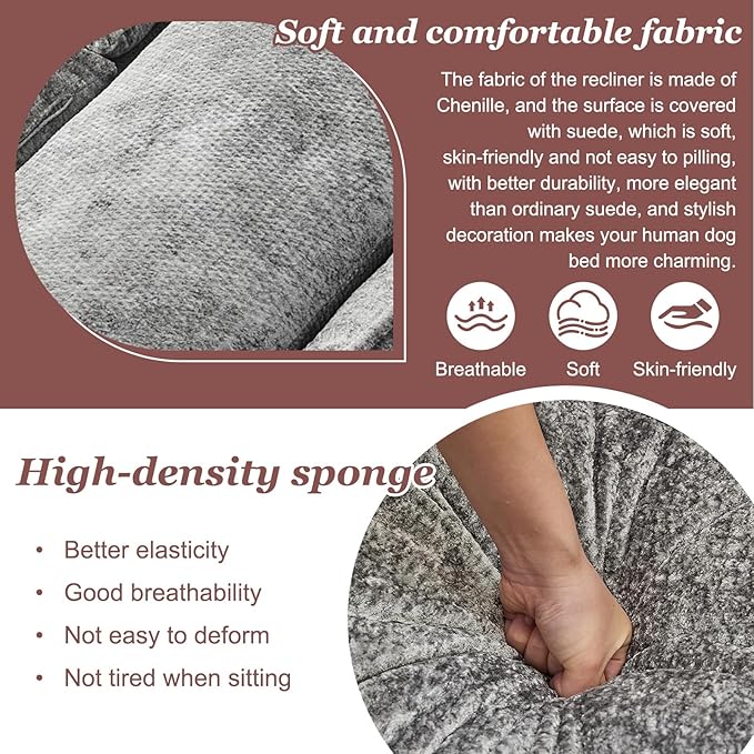 Human Dog Bed Lazy Sofa Couch Plush Floor Gaming Chair5 Adjustable Position sit Sleep fold Suit to Put in Bedroom Living RoomSpace Saving Design (Gray 2 Seat)