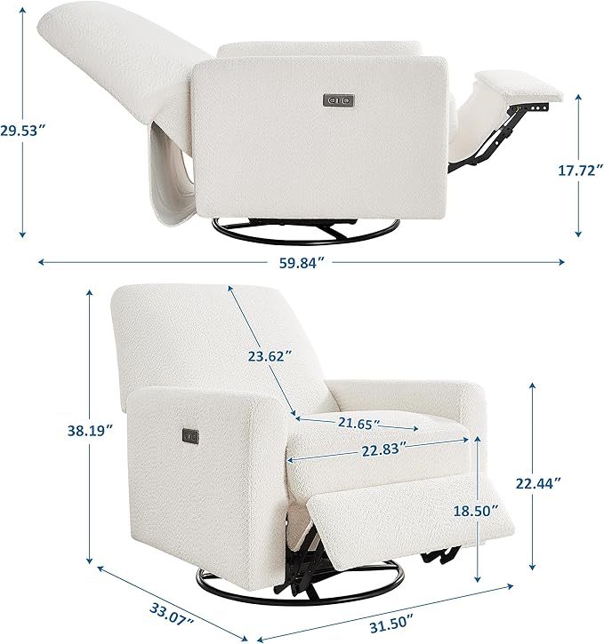 VANOMi Power Swivel Glider Recliner Chair Electric Nursery Rocker Recliner Chair USB &amp Type-C Charger Boucle White