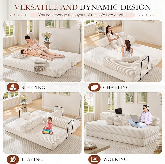 Modular Couch Bed Convertible Folding Plush Corduroy Comfy Floor Memory Foam Compression Loveseat Sleeper Sofa Couch King Size Bed for Guest Room Living Room Bedroom No Assembly Required Beige