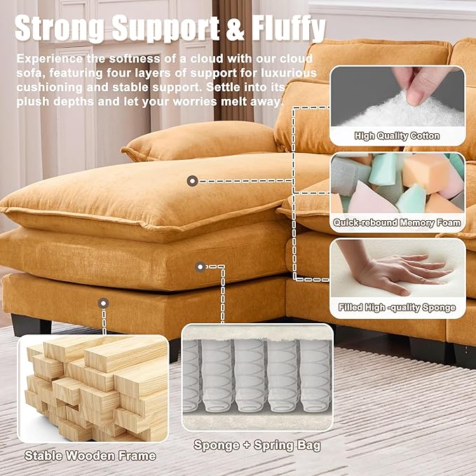 KEIKI 108 U-Shaped Chenille Modular Sectional Chenille Sofa with 2 Movable Ottoman &amp Pillows &amp 2 Side Pocket Oversized 4-Seater Couch with Memory Foam Cushion Easy Assembly for Living Room