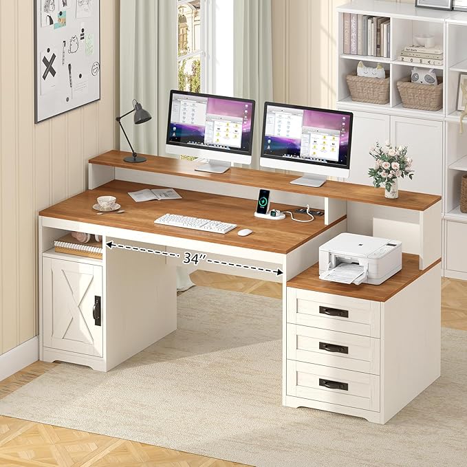 TVU Farmhouse Computer Desk with Drawers 65'' Home Office Desk with Power Outlets Storage Cabinet and Printer Stand Study Writing Desks with Long Monitor Stand Brown and White