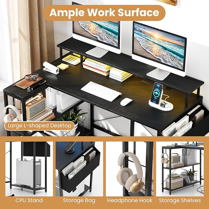 L-Shaped Gaming Desk with LED Lights &amp Power Outlets 48 Computer Table with Storage Shelves Monitor Stand Home Office Desk with Metal Frame Rustic Brown/Black (Black)