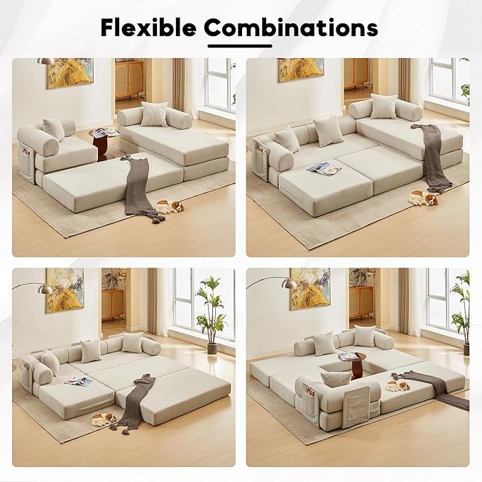 L Shaped Modular Sofa Bed with Cylindrical Pillow &amp Reversible Chaise Corduroy Folding Floor Convertible Sofa Couch Bed with Fixed-Shape Frame &amp Storage Pocket for Living Room Beige