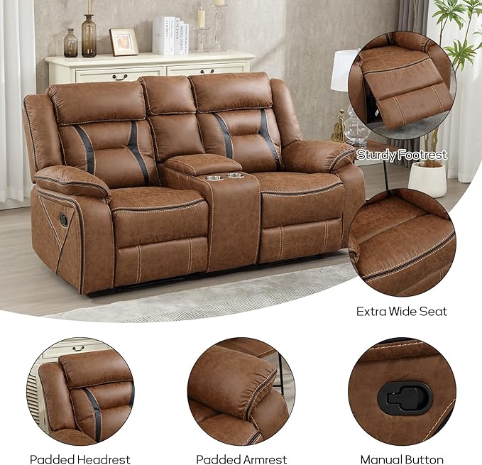 EBELLO Faux Leather Manual Loveseat Recliner 2 Seat Reclining Sofa Chair with Center Console Hidden Storage and Cup Holders Daul Recliner for Living Room Meeting Room Brown (Loveseat)