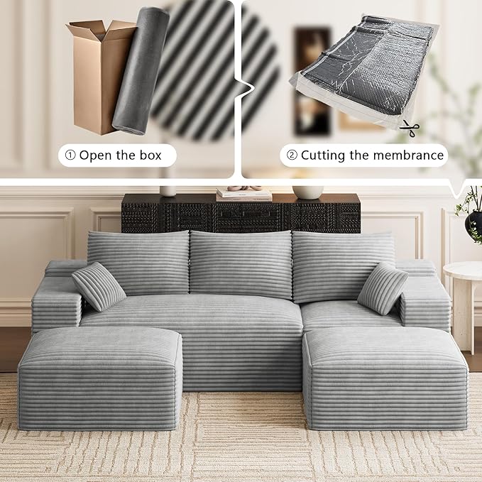 Modular Sectional Sofa Cloud Couch 108'' Comfy U Shaped Sectional Couches for Living Room Deep Seat Cozy Fluffy Corduroy Boneless Couch Sectionals Sofa with Movable Ottomanm Light Grey