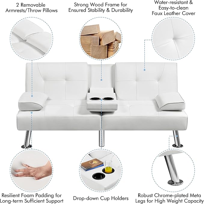 Yaheetech Convertible Sofa Bed Adjustable Couch Sleeper Modern Faux Leather Home Recliner Reversible Loveseat Folding Daybed Guest Bed Removable Armrests Cup Holders 3 Angles 772lb Capacity White