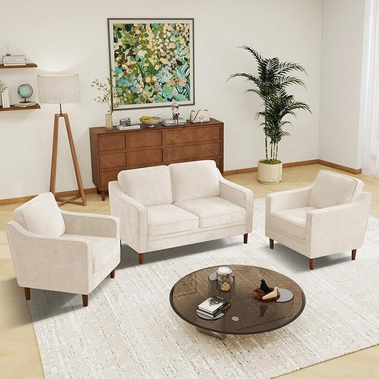 Kingfun Living Room Furniture Sets 2 Armchair and Loveseat Mid Century Modern Sofa Set Chenille Couch with Solid Wood Frame for Living Room &amp Bedroom Beige