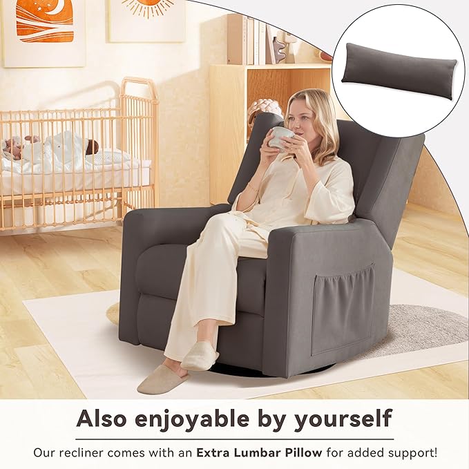 Tbfit 360° Swivel Recliner ChairNursery Rocking Chair with Lumbar Support for Bedroom Comfy Upholstered Armchair with Pillows &amp Footrest for Living Room (Hidden Ring Handle Brown)