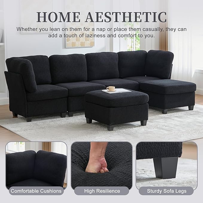 113 U Shaped Modular Sectional Sofa Couch with Storage Ottoman 6 Seat Convertible Upholstered Deep Seat Sleeper Sofa with Chaise Lounge Cloud Couch for Living Room Black