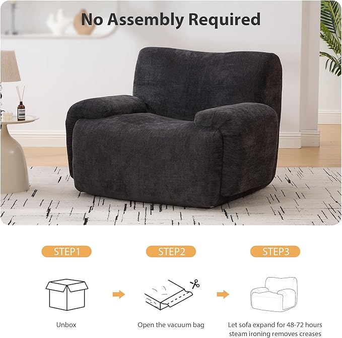 Mlmh &amp Kngwa 42 inch Boneless Accent Chair Comfy Reading Nook Chair Oversized Bean Bag Chenille Chairs Single Couch with Wide Armrest for Living Room Bedroom Apartment Black