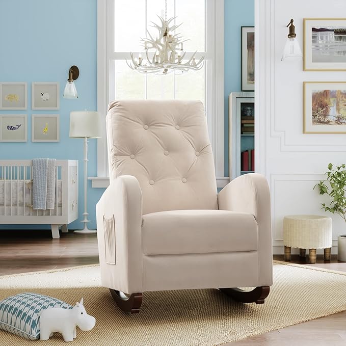 Cozy Velvet Reclining Rocking Chair with Side Storage Pocket Comfortable Button Tufted Rocker Elegant and Functional Rocking Recliner Chair Ideal for Living Room &amp Nursery Beige