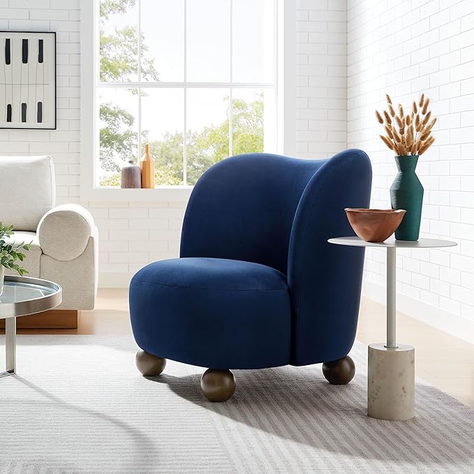 Modway Monroe Performance Velvet Accent Chair in Midnight Blue Walnut - Upholstered Stain-Resistant Barrel Chair - Comfy Lounge Chair - Oversized Round Armless Reading Chair for Living Room