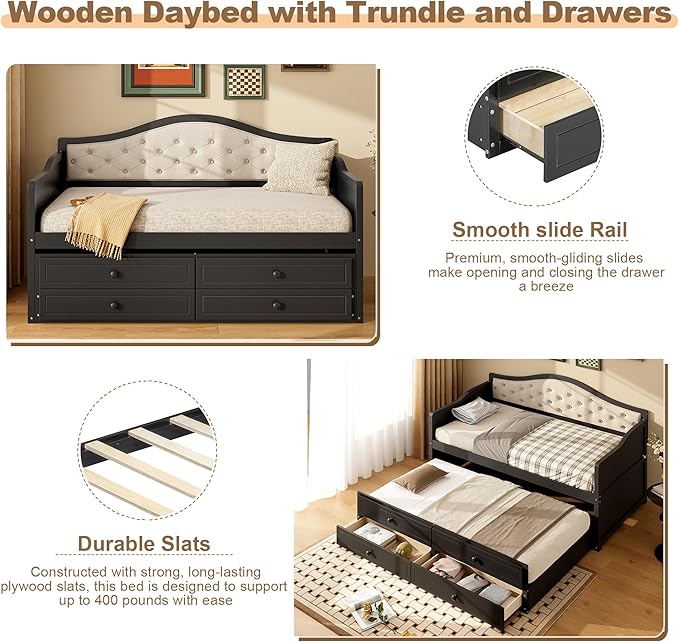 Twin Daybed with Trundle Twin Size Daybed with 2 Storage Drawers Wooden Sofa Bed with Upholstered Button Tufted Backrest for Living Room Bedroom Guest RoomBlack