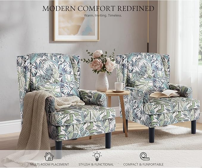 Modern Accent Chair for Living Room Chairs Oversized Reading Chair Accent Chairs for Living Room Sofa Chair with High Back and Wood LegsUpholstered Armchair Comfy Chair for Bedroom(Green Floral)