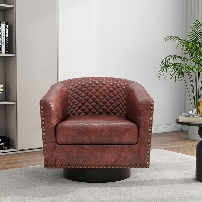 Swivel Barrel Accent Chair Comfy Modern Upholstered Round Faux Leather Arm Chair for Living Room Bedroom