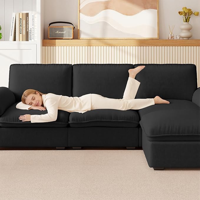 KEIKI 102 3Seat Modular Sectional Velvet Sofa Couch with Chaise Memory Foam for Urban Loft Small Space Style Conscious Urban Professionals Warm Inviting Comfy Supportive Premium Design Black
